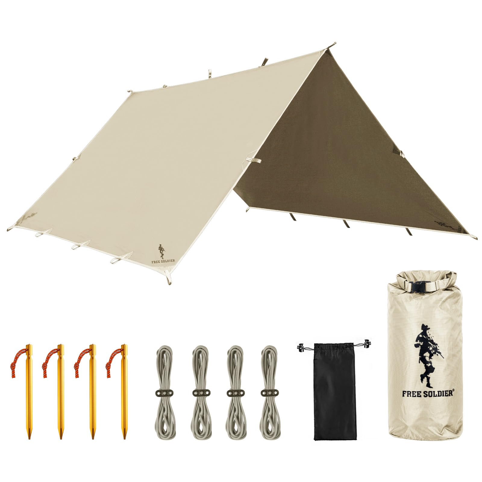Free Soldier Camping Tarp Waterproof Portable Multifunctional Outdoor Traveling Awning Backpacking Shelter Rain Tarp (Beige 10