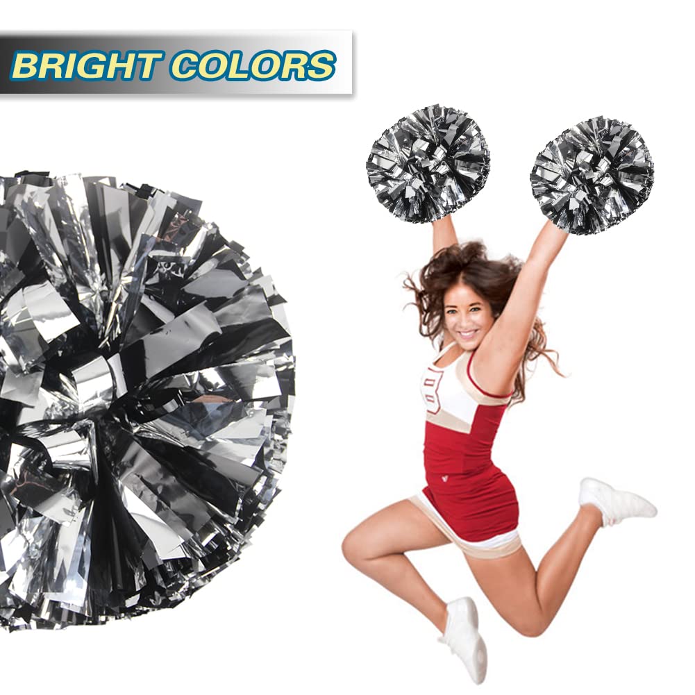 Lovecheer 2Pcs Black And Silver Pom Poms Cheerleading Metallic Cheer Pom Poms With Baton Handle For Sports Team Spirit Party Che