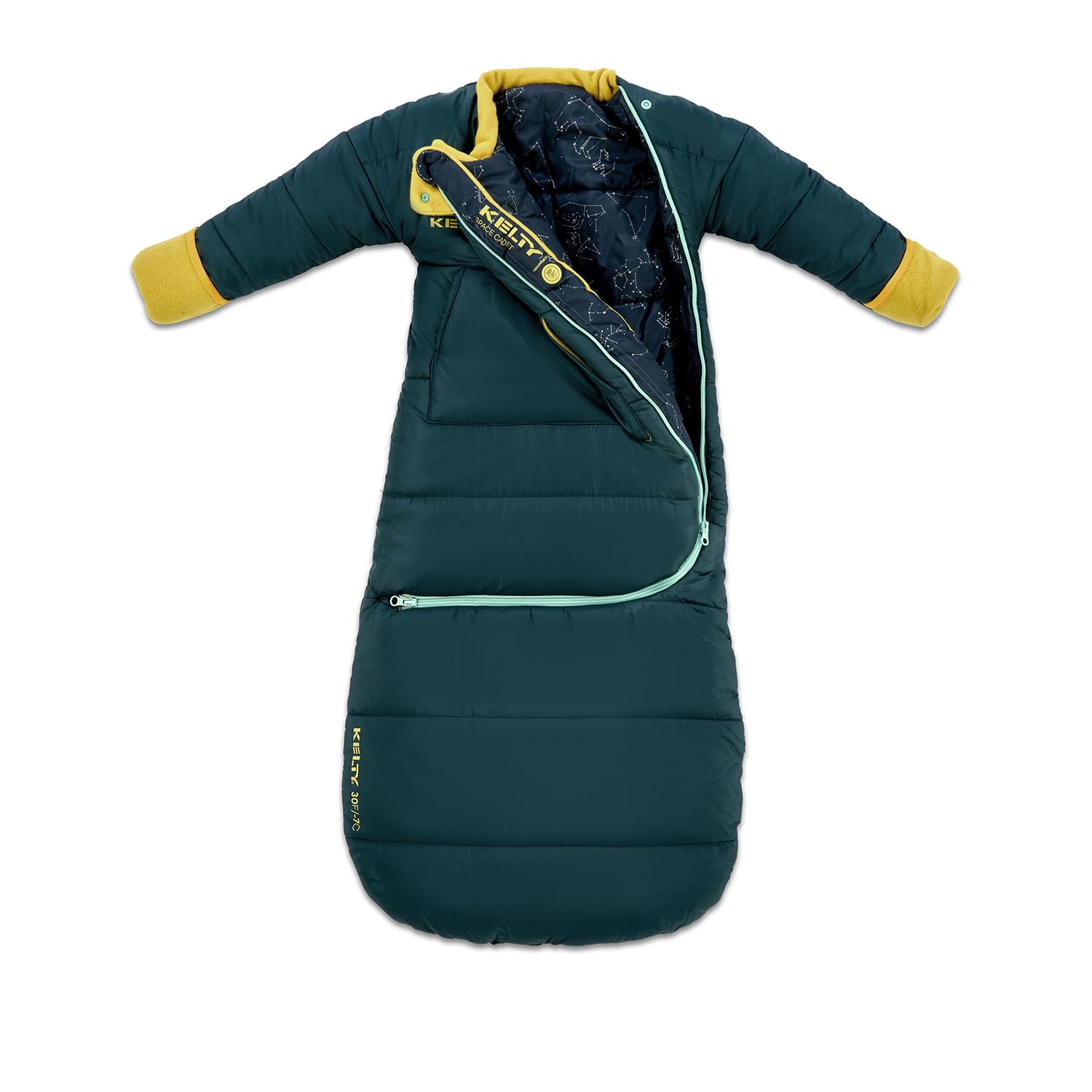 Kelty Space Cadet Infant and Toddler Sized Arms-Out Sleeping Bag, 30-40F Degree Rated, 8M-4T, Fleece-Lined Hand Covers (30F / 8-