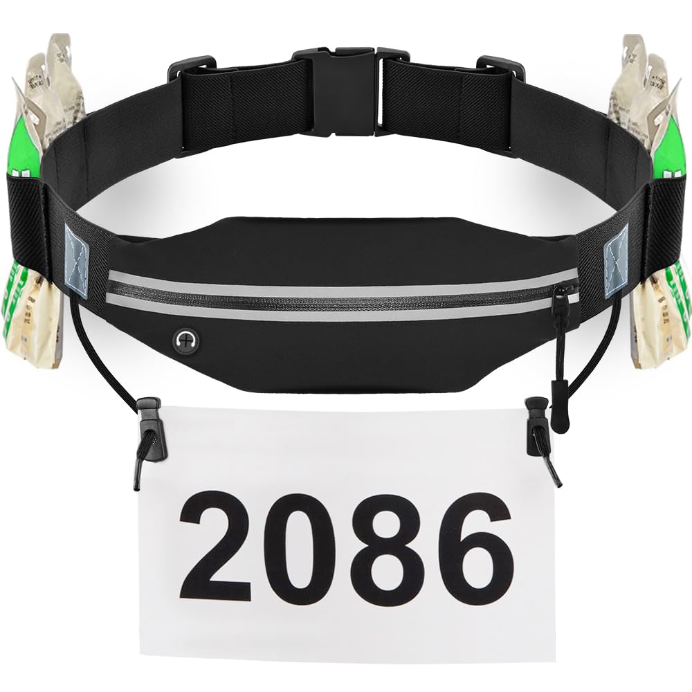 RJ-Sport Triathlon Belt with Pouch - Race Number Bib Holder with 6 Gel Loops, Ideal for Running, Cycling & Marathon (Black)