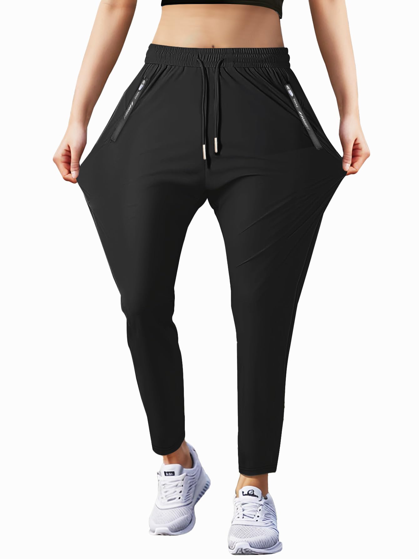 Hidkat Womens Sports Jogging Pants with Zipper Pocket Womens Hiking Fitness Tracking Workout Pants Black