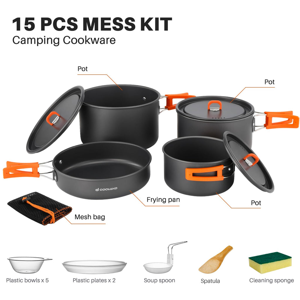 Odoland 15Pcs Camping Cookware Non-Stick Lightweight Camping Pots And Pans Set With Plastic Plates Bowls Soup Spoon For Camping,