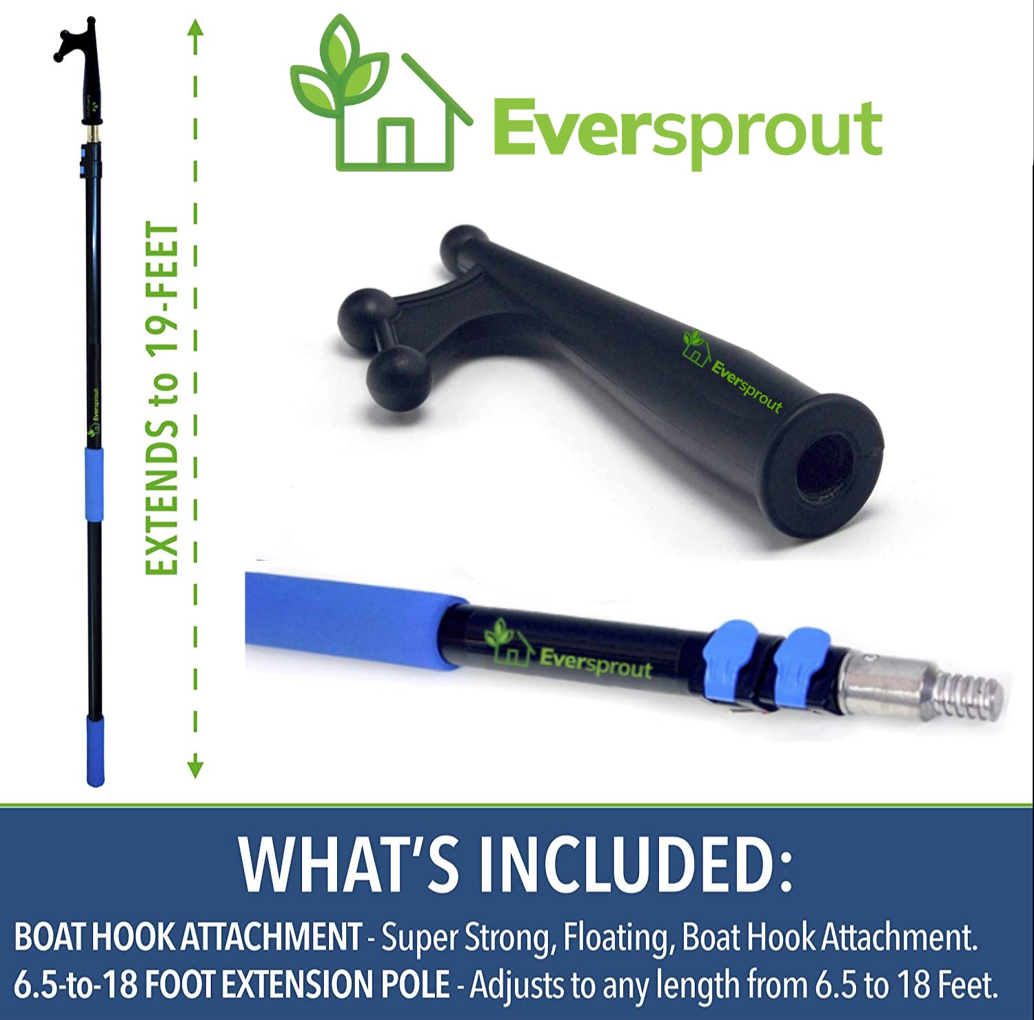 Eversprout Boat Hook Attachment For Extension Pole | Floats & Super Strong Design | Big Reach For Docking | Twists Onto 3/4-Inch