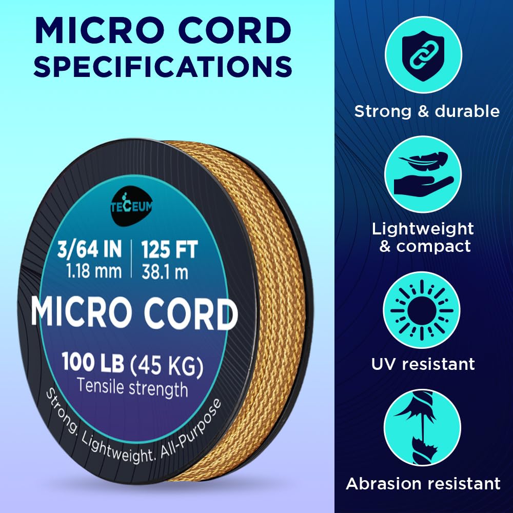 Teceum Micro Paracord - Honey Gold - 1.18 Mm X 125 Ft - Micro Utility Cord - Thin Braided Paracord Rope Nylon Polyester - Wind C