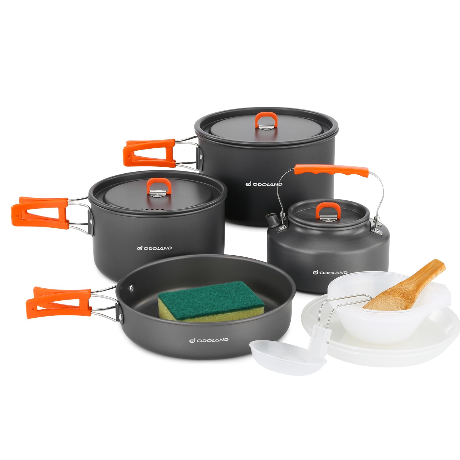 Odoland 15Pcs Camping Cookware Non-Stick Lightweight Camping Pots And Pans Set With Kettle Plastic Plates Bowls Soup Spoon For C