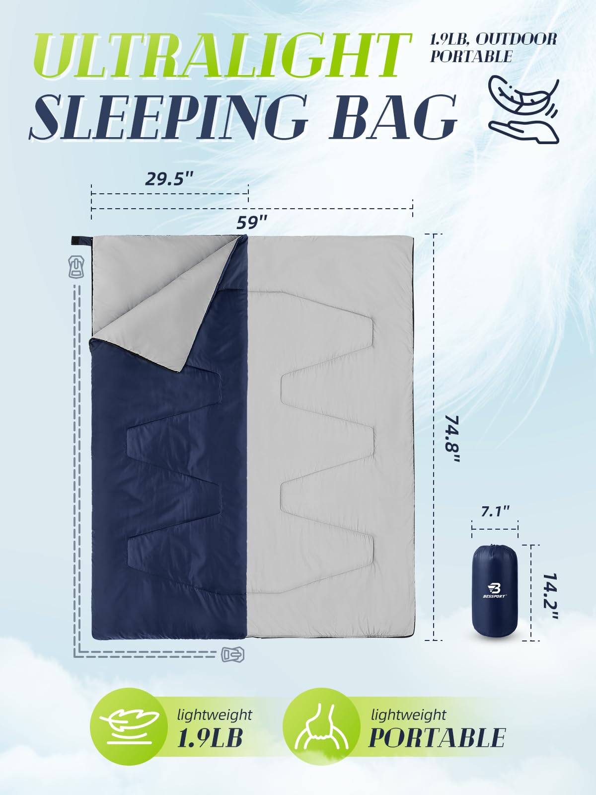 Bessport Lightweight Sleeping Bag, Ultralight Backpacking Sleeping Bag, 3 Season Waterproof For Adults Kids, Outdoor, Hiking, Ca