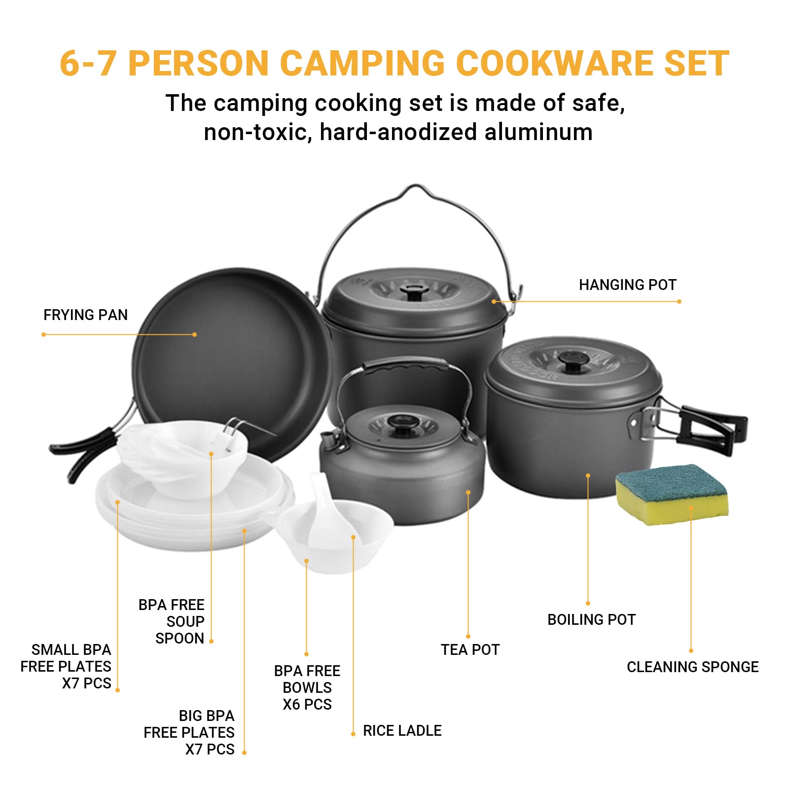 Bulin 13Pcs Camping Cookware Mess Kit, Nonstick Backpacking Cooking Set, Outdoor Cook Gear For Family Hiking, Picnic Lightweight