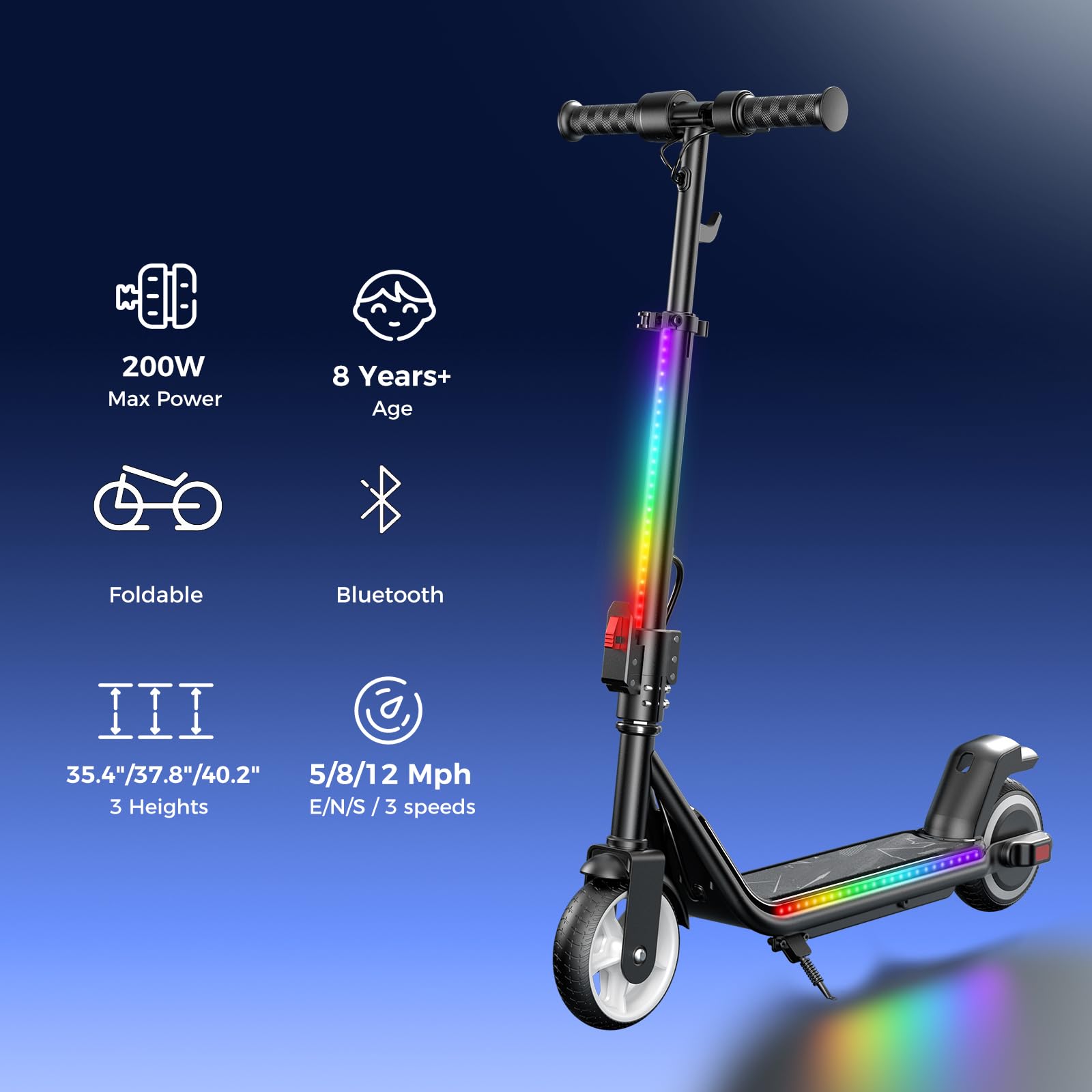 Electric Scooter for Kids, 200W Motor, Smart Display, 3 Safe Speeds (5/8/12 MPH), Colorful Lights, Foldable & Bluetooth, Dual Br