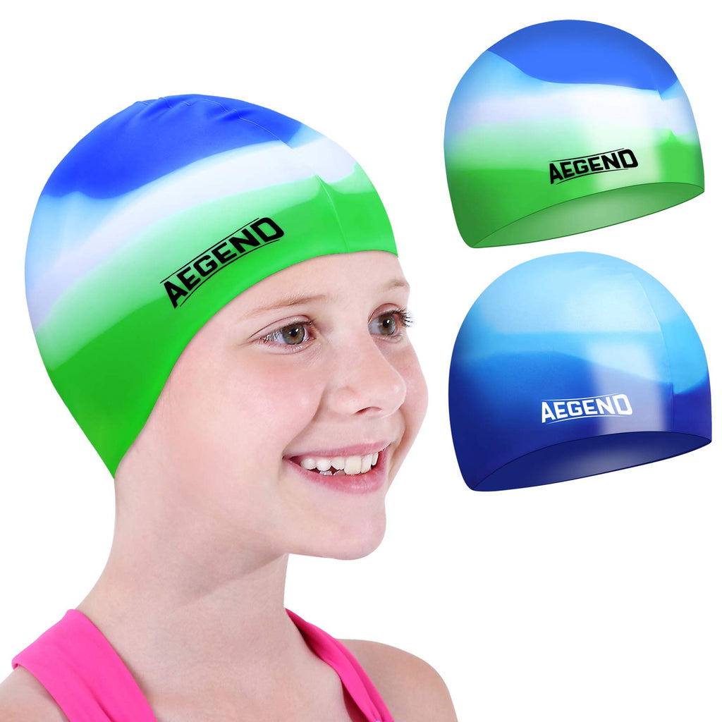 Aegend 2 Pack Kids Swim Cap For Girls Boys Age 8-15, Waterproof Swim Cap Kids Durable Silicone Kids Swimming Cap For Boys Girls 