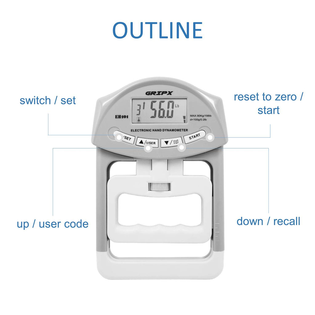 Gripx Digital Hand Dynamometer Grip Strength Measurement Meter Auto Capturing Electronic Hand Grip Power 198Lbs / 90Kgs