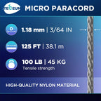 Teceum Micro Paracord - Gray - 1.18 Mm X 125 Ft - Micro Utility Cord - Thin Braided Paracord Rope Nylon Polyester - Wind Chime R