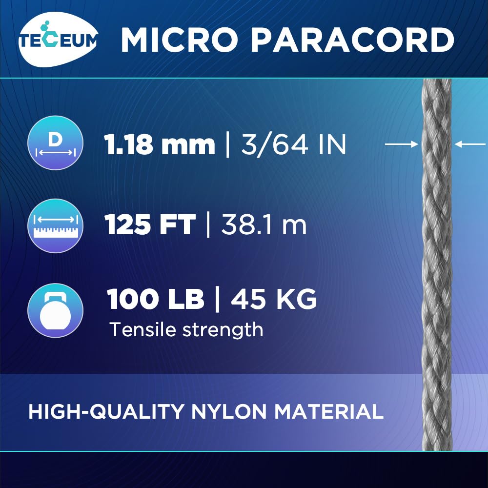 Teceum Micro Paracord - Gray - 1.18 Mm X 125 Ft - Micro Utility Cord - Thin Braided Paracord Rope Nylon Polyester - Wind Chime R