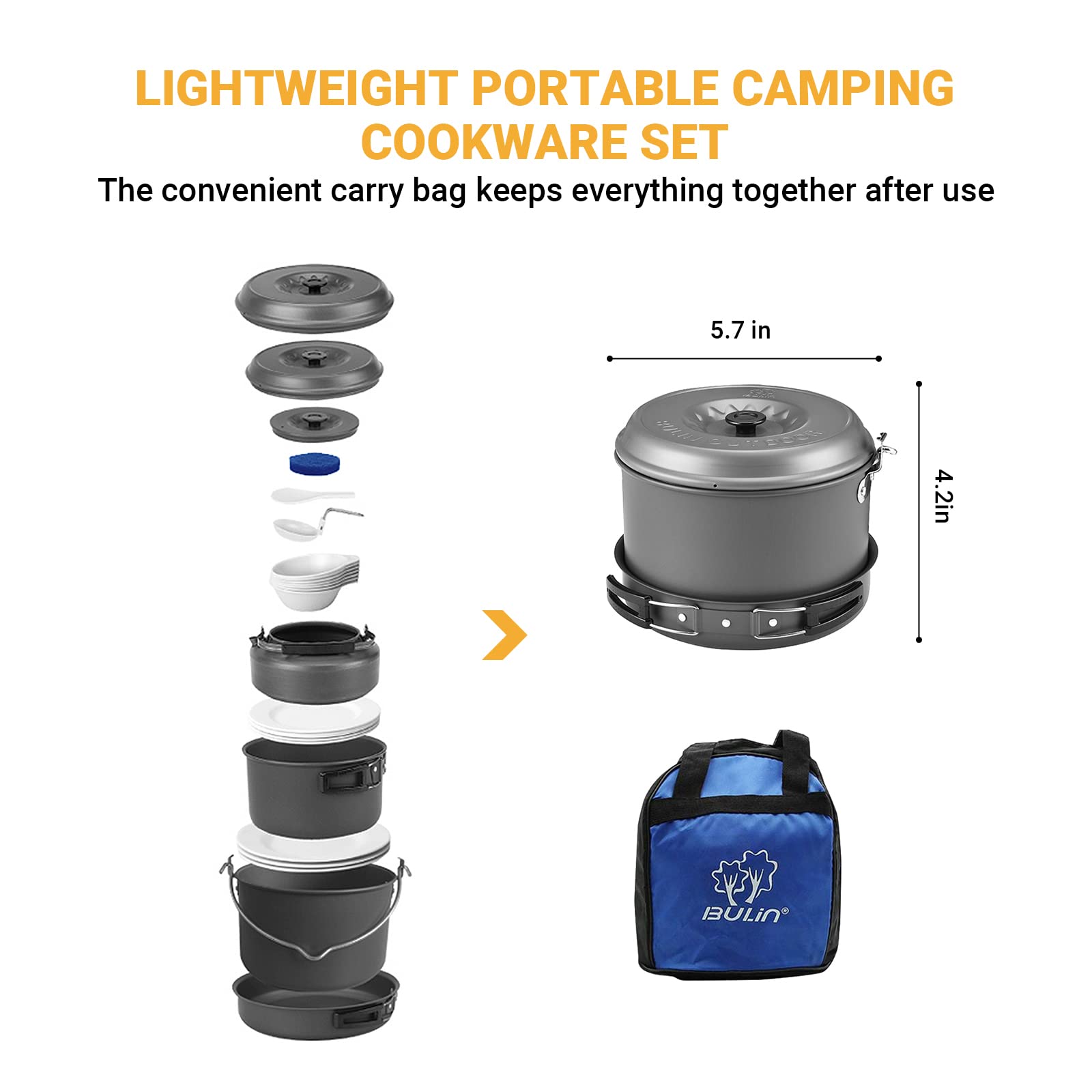 Bulin 13Pcs Camping Cookware Mess Kit, Nonstick Backpacking Cooking Set, Outdoor Cook Gear For Family Hiking, Picnic Lightweight