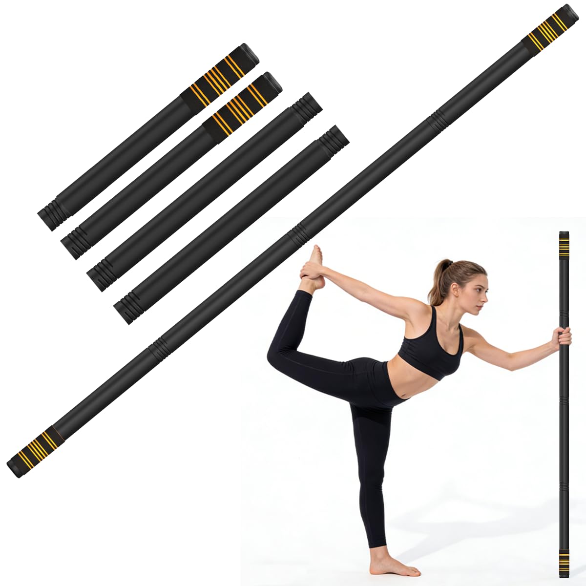 Yoga Stick for Exercise,MultiFunctional Fitness Pole with 4 Steel Rods & Comfort Foam Grip,Black