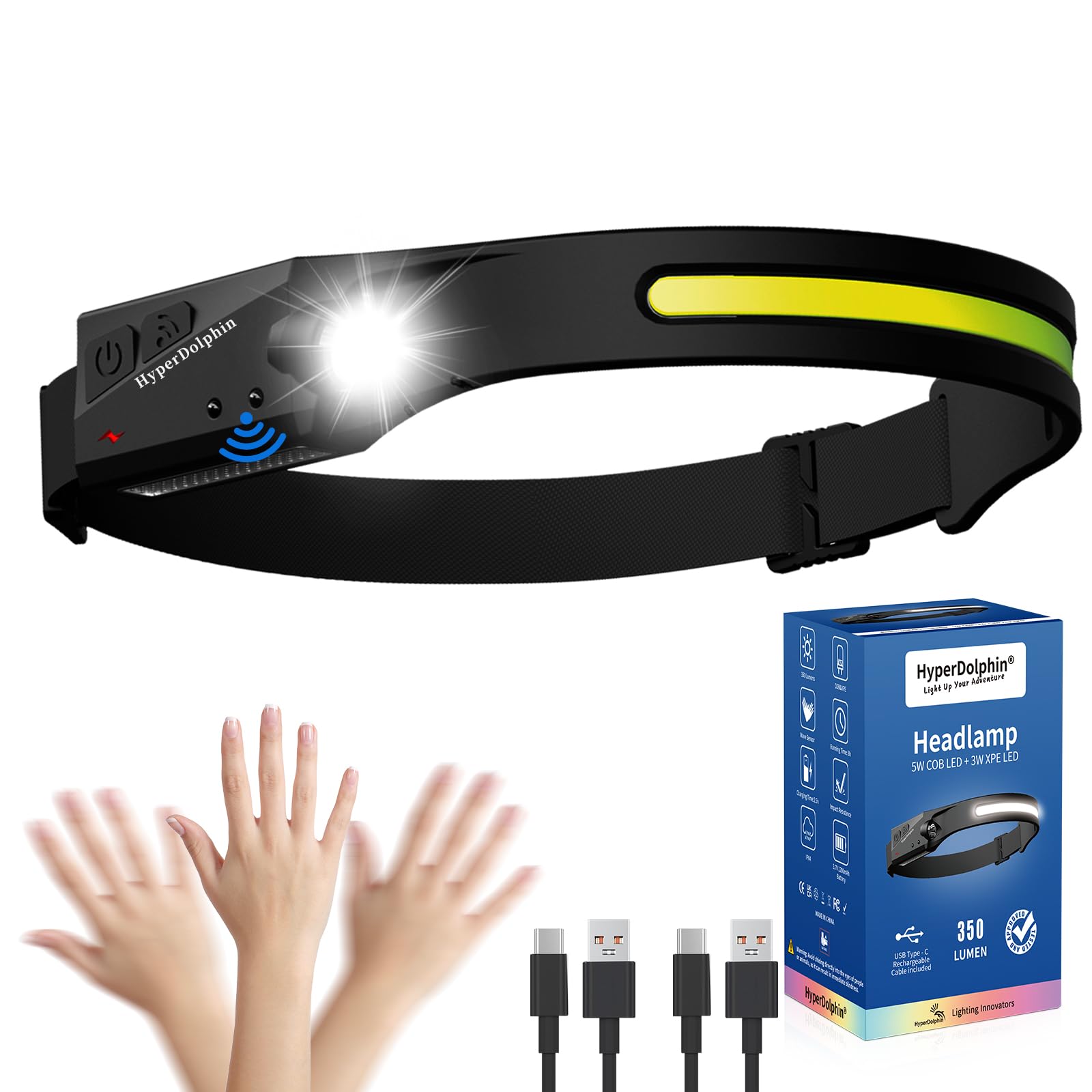 Rechargeable LED Headlamp 2-Pack - 350 Lumens, Waterproof, Wide 230 Beam, USB-C Charging (Yellow) Lightweight, Comfortable, Adju