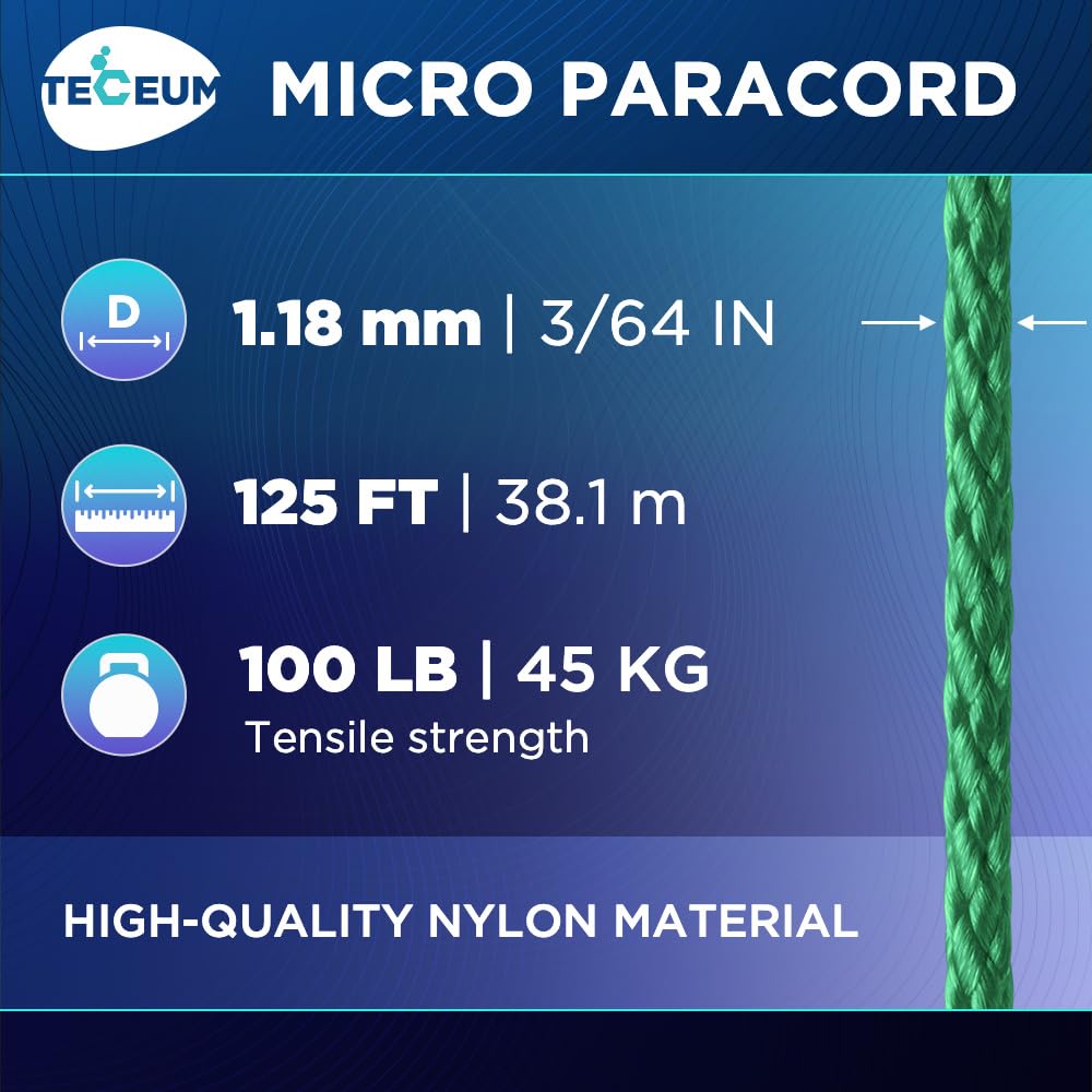 Teceum Micro Paracord - Green - 1.18 Mm X 125 Ft - Micro Utility Cord - Thin Braided Paracord Rope Nylon Polyester - Wind Chime