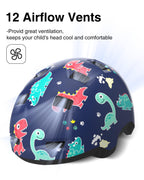 Toddler Bike Helmet 1-3 Years Old- with 12 Vents & Dual Liner (0.16+0.28) - Adjustable Dial Fit (45-51cm) (XS,Dinosaur)