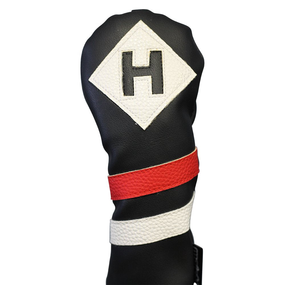 Majek Retro Golf Headcover Black Red And White Vintage Leather Style Hybrid Head Cover Classic Look, Wheel Tag Includes Numbers 
