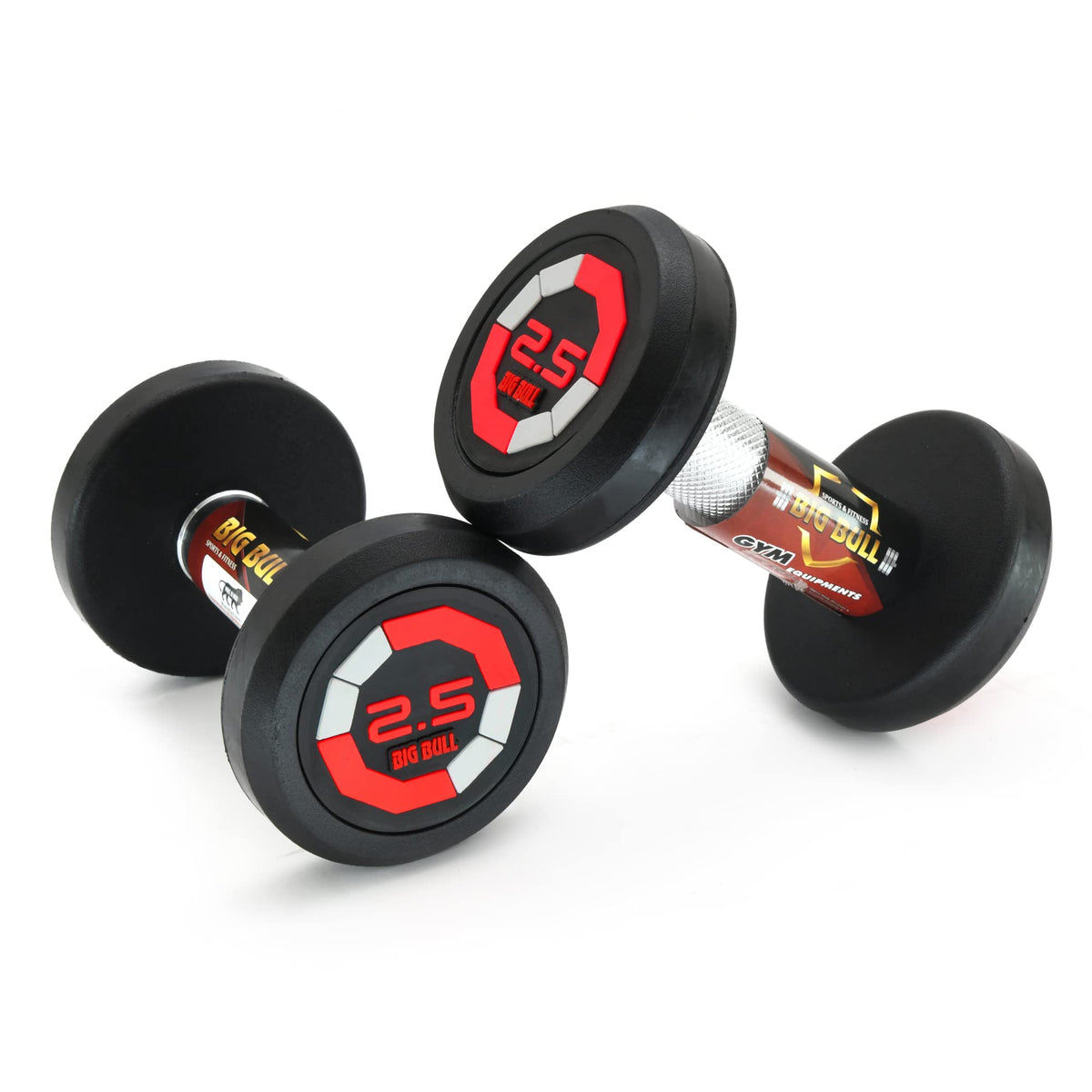 BIGBULL Rubber Coated Solid Round Dumbbell (Sold In Pair 2 5 Kg X 2Pc (Total = 5 Kg, Red) Fixed