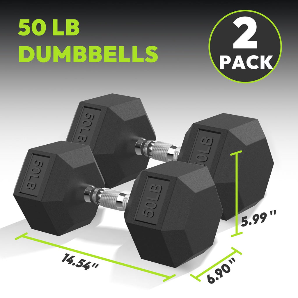 Hex Dumbbell Rubber Encased Strength Training Dumbbells, Hand Weight For Workout & Exercise/Pair of 50LB
