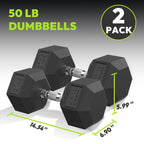 Hex Dumbbell Rubber Encased Strength Training Dumbbells, Hand Weight For Workout & Exercise/Pair of 50LB