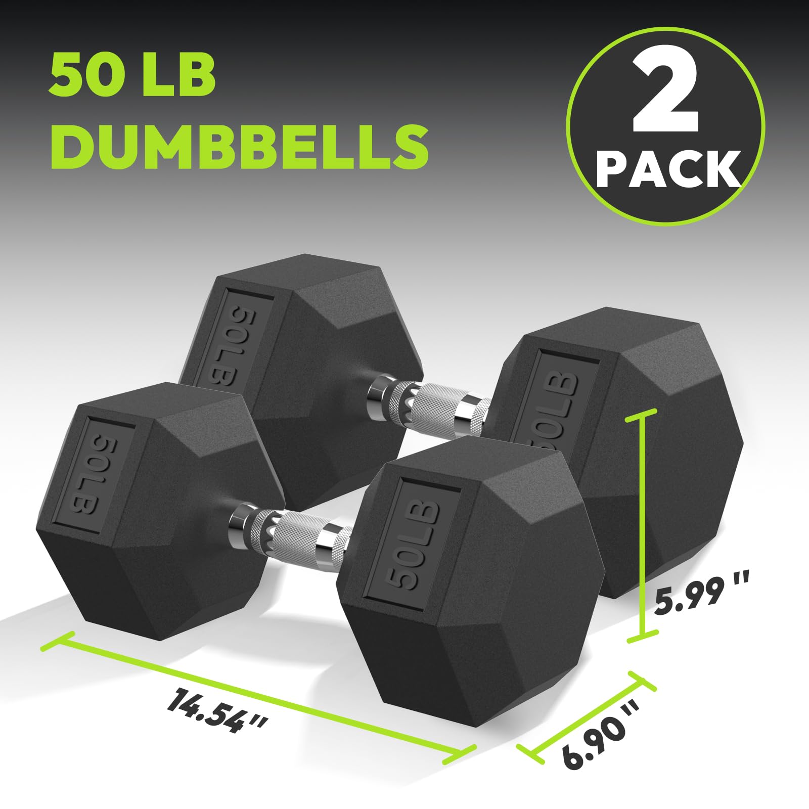 Hex Dumbbell Rubber Encased Strength Training Dumbbells, Hand Weight For Workout & Exercise/Pair of 50LB