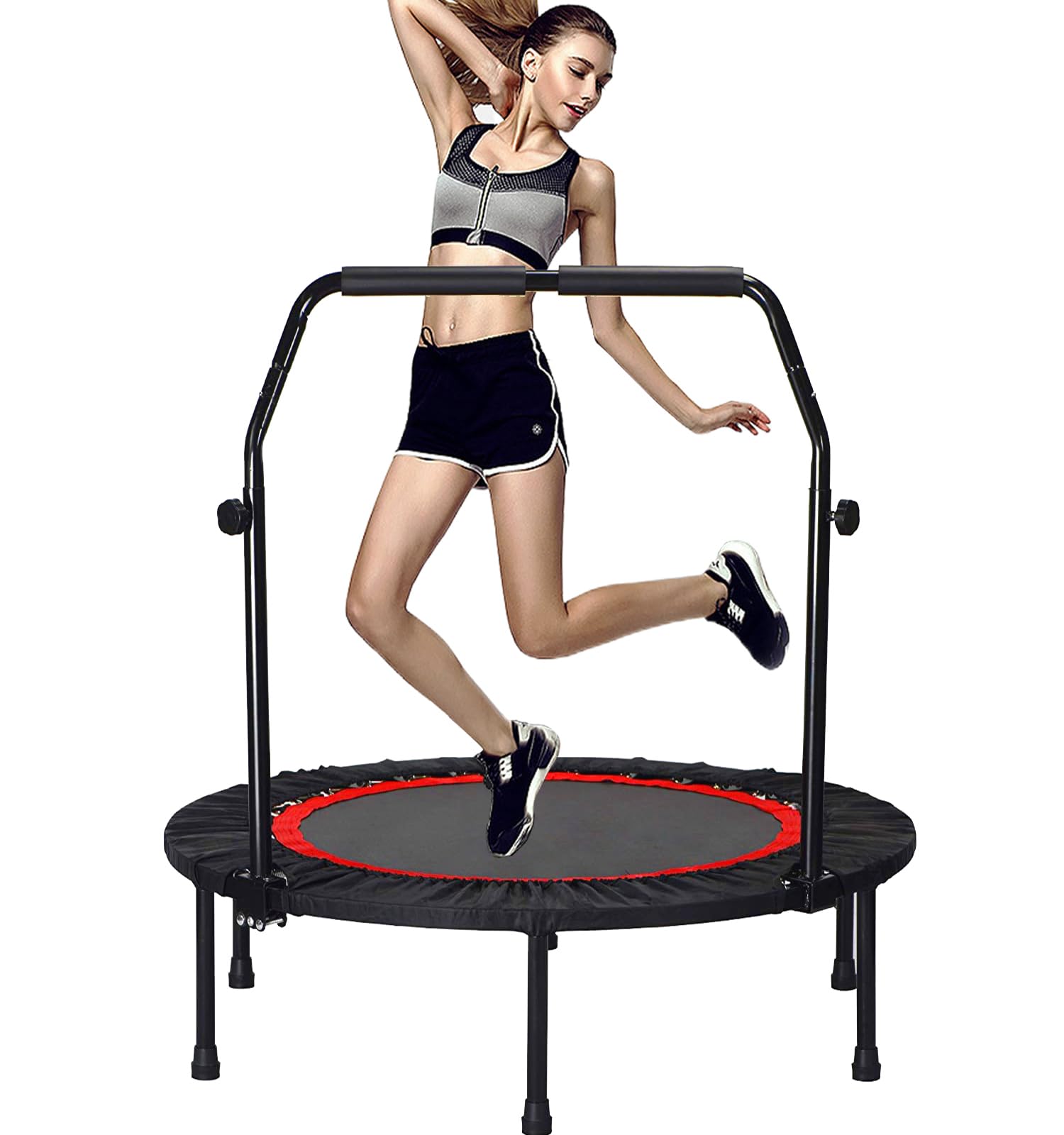 Mini Rebounder Fitness Trampoline with Adjustable Handle - Foldable Indoor Exercise Trampoline, Heavy-Duty Silent Jumping Mat fo