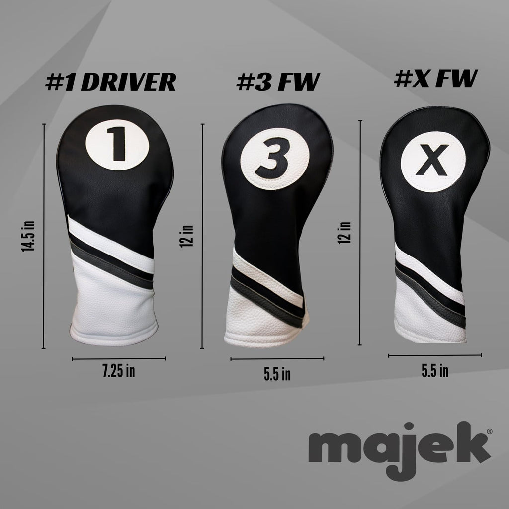 Majek Golf Headcovers Black And White Leather Style 1, 3, X Driver And Fairway Head Covers Fits 460Cc Drivers