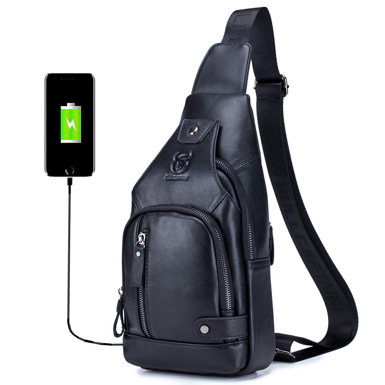 BULLCAPTAIN Genuine Leather Sling Bag with USB Charging Port Multi-pocket Chest Bag for Men Hiking Travel Daypack XB-129 (Magic 