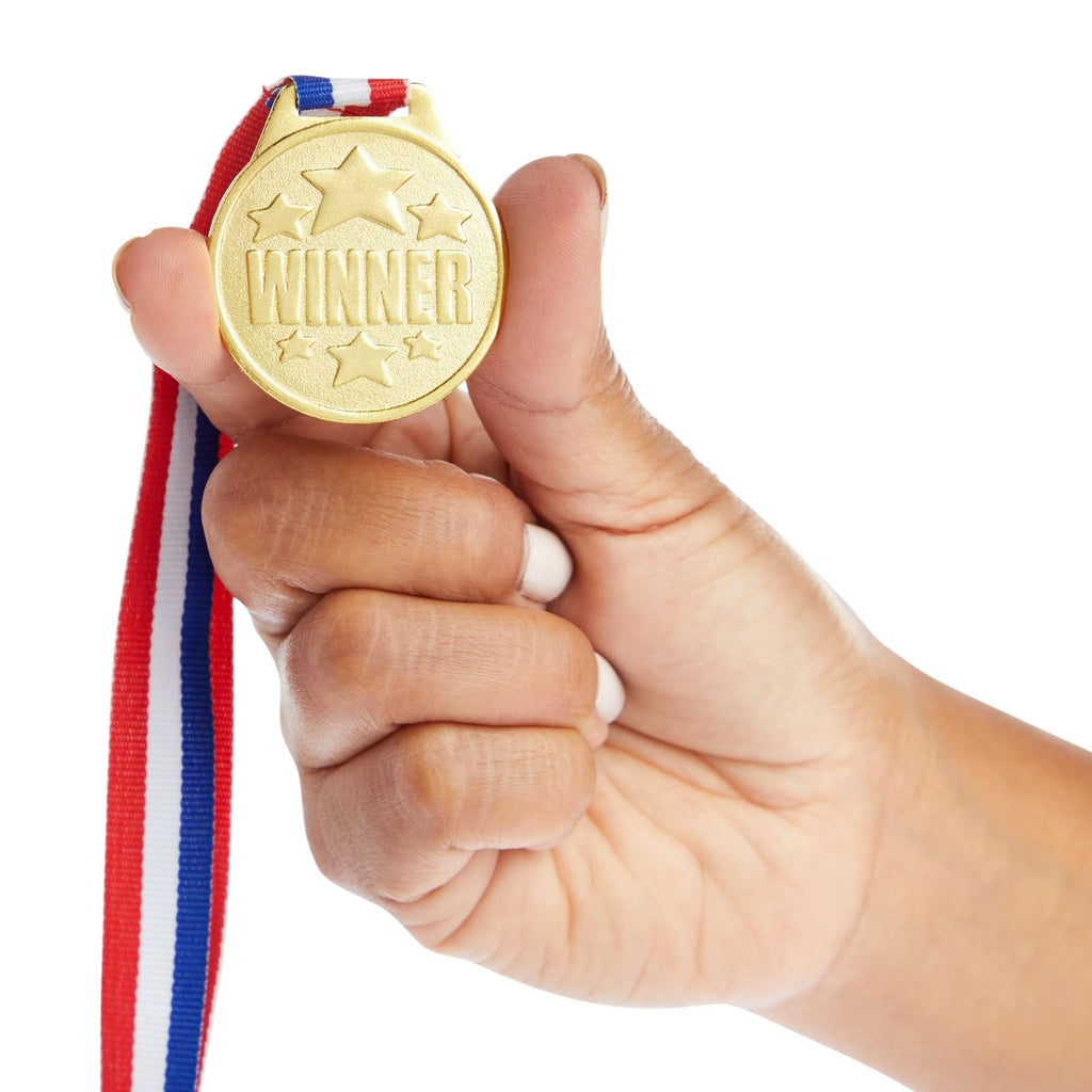 Juvale 24 Pack Gold Winner Medals For Kids And Adults - Participation Awards With 15.3-Inch Red, White, And Blue Neck Ribbons Fo