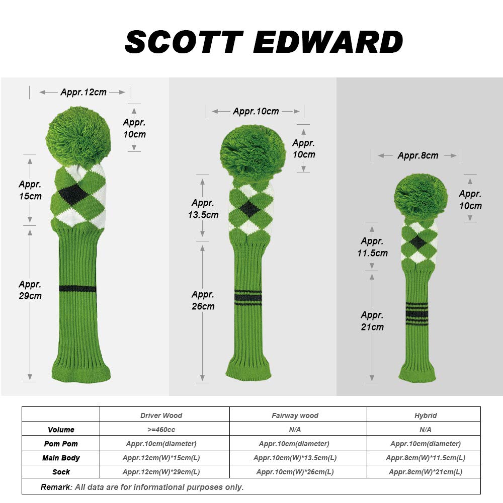 Scott Edward Green Grey White Argyle Golf Club Head Covers, Acrylic Yarn Double-Layers Knitted, With Rotatable Number Tags Set O