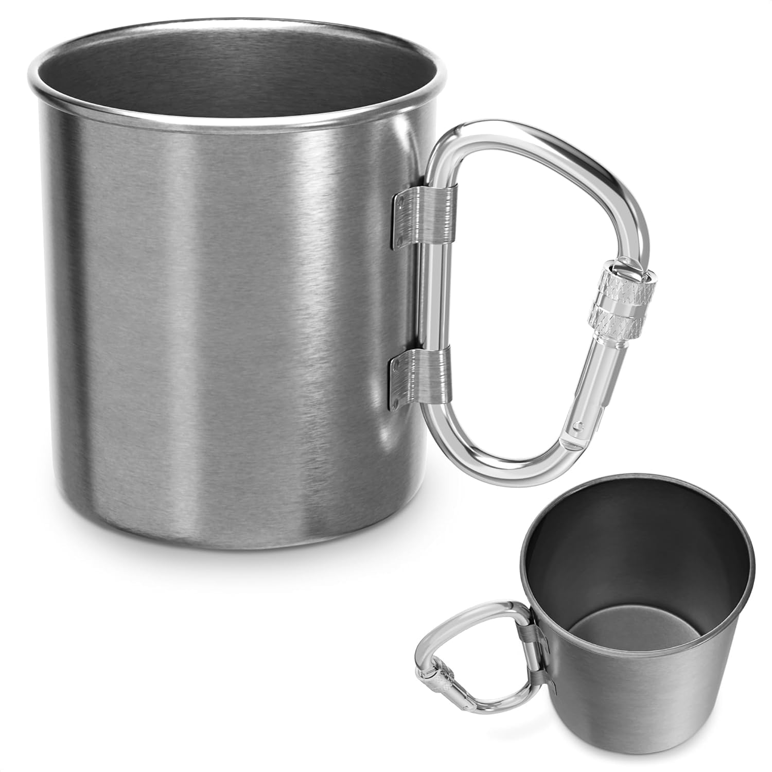 Vikrom Stainless Steel Camping Mug With Carabiner - 13.5 Oz Rock Climbing Metal Coffee Mug With Handle Camping Mugs