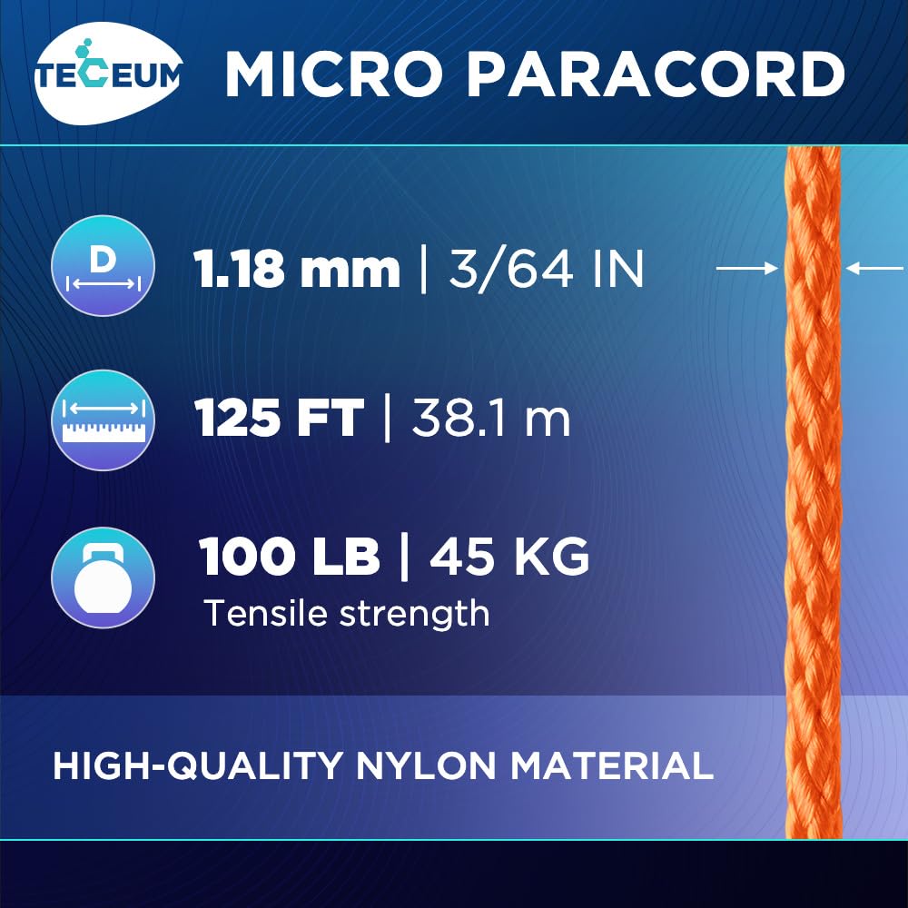 Teceum Micro Paracord - Orange - 1.18 Mm X 125 Ft - Micro Utility Cord - Thin Braided Paracord Rope Nylon Polyester - Wind Chime
