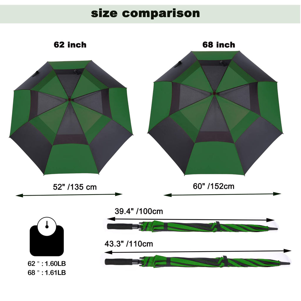 Mrtlloa 62 Inch Automatic Open Green/Black Golf Umbrella, Extra Large Oversize Double Canopy Vented Windproof Waterproof Sports