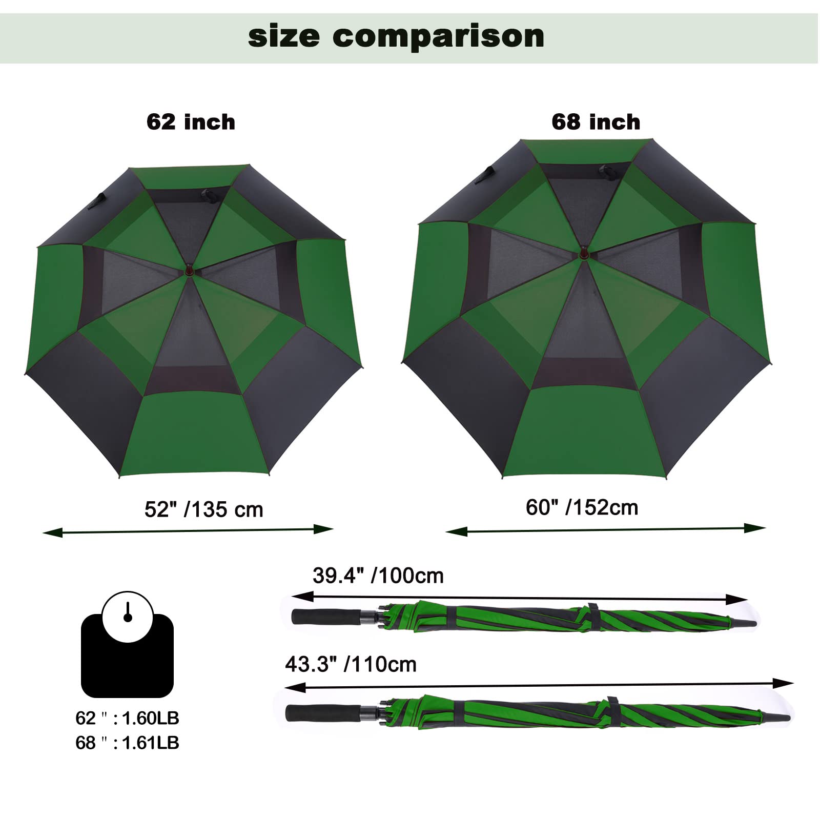 Mrtlloa 62 Inch Automatic Open Green/Black Golf Umbrella, Extra Large Oversize Double Canopy Vented Windproof Waterproof Sports