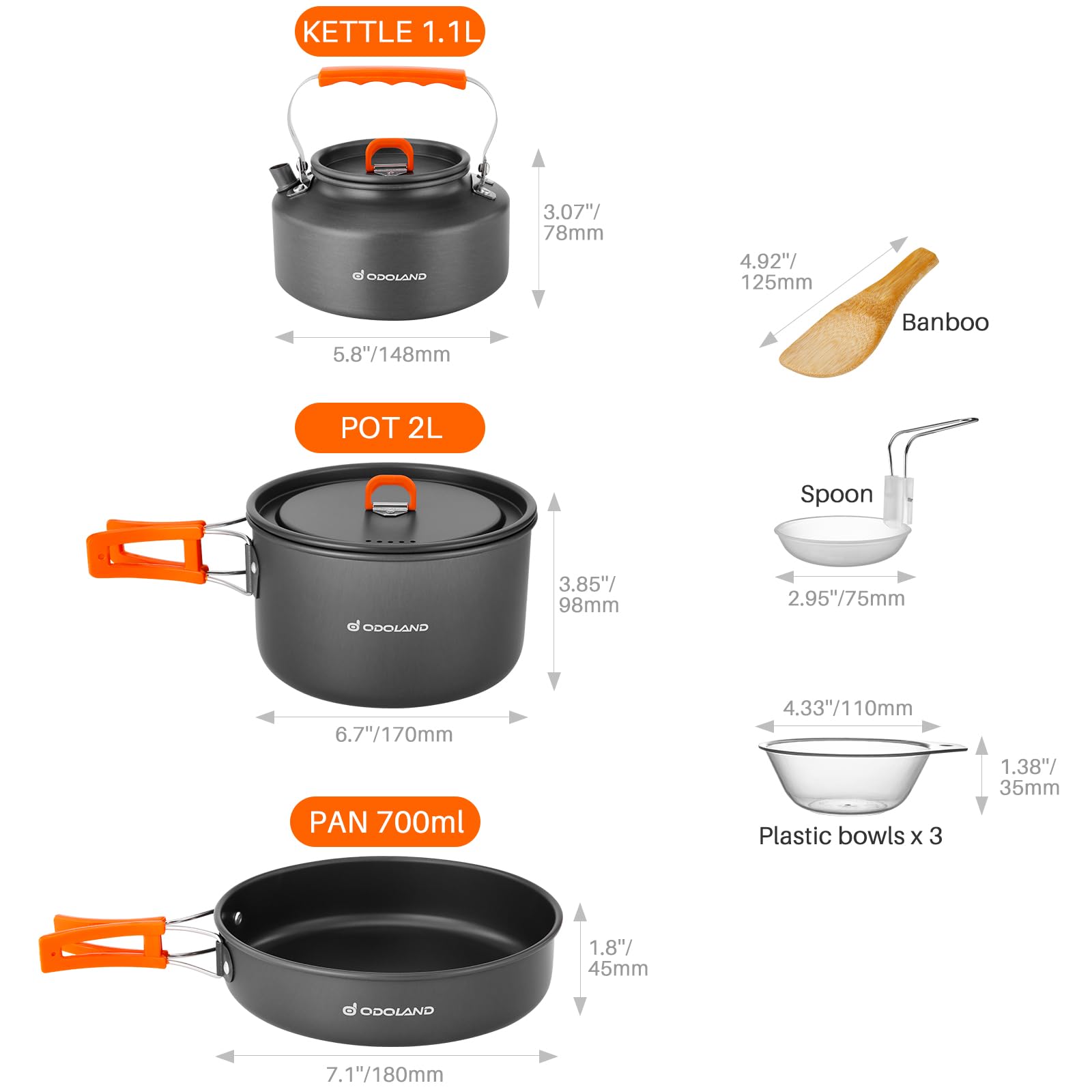 Odoland 10Pcs Camping Cookware Camping Pots And Pans Set With Kettle Plastic Bowls And Soup Spoon For Camping, Backpacking, Outd