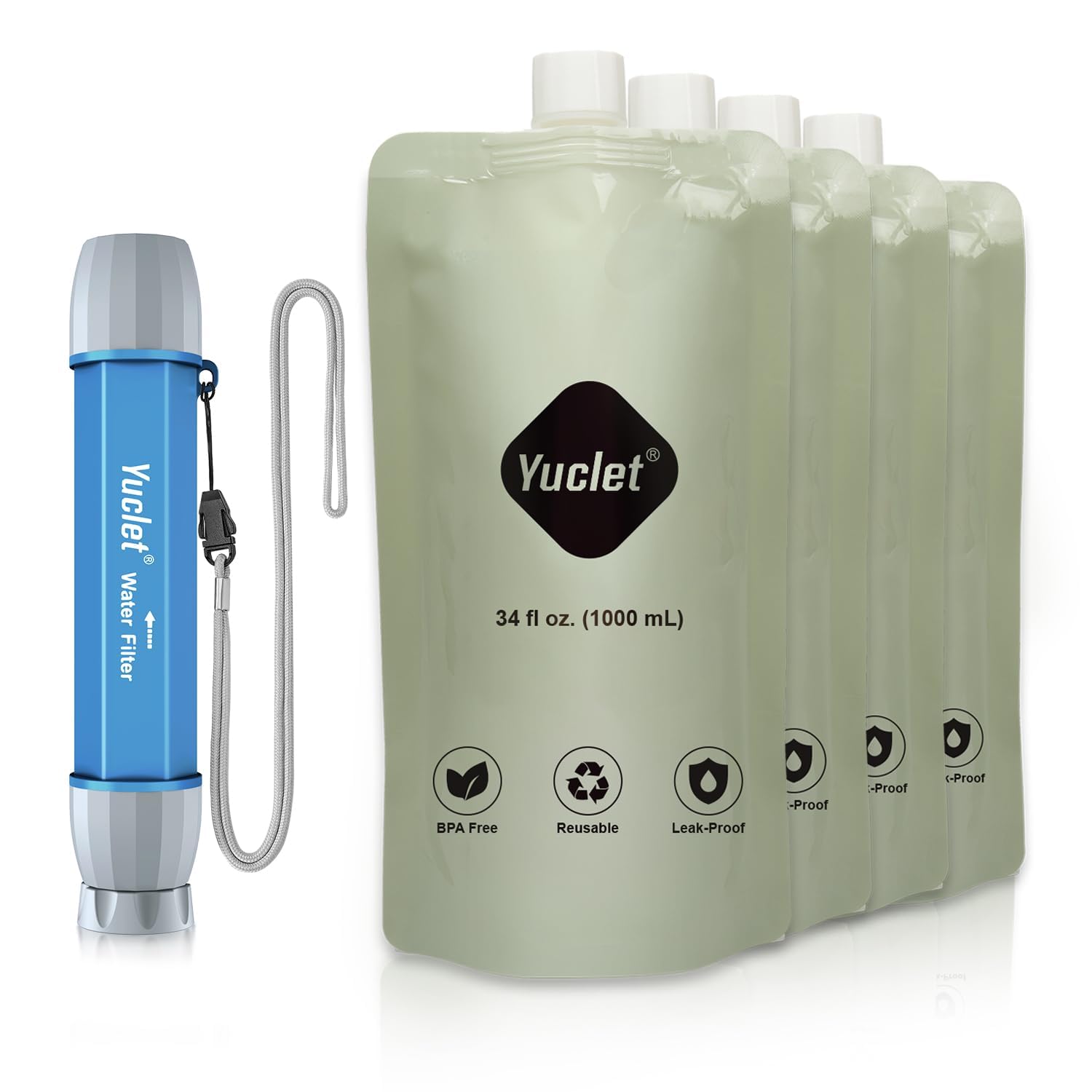 Yuclet Squeeze Water Filtration System With Four 34-Oz Squeezable Pouches And 0.1 Micron Filter Straw, Portable Water Purifier S