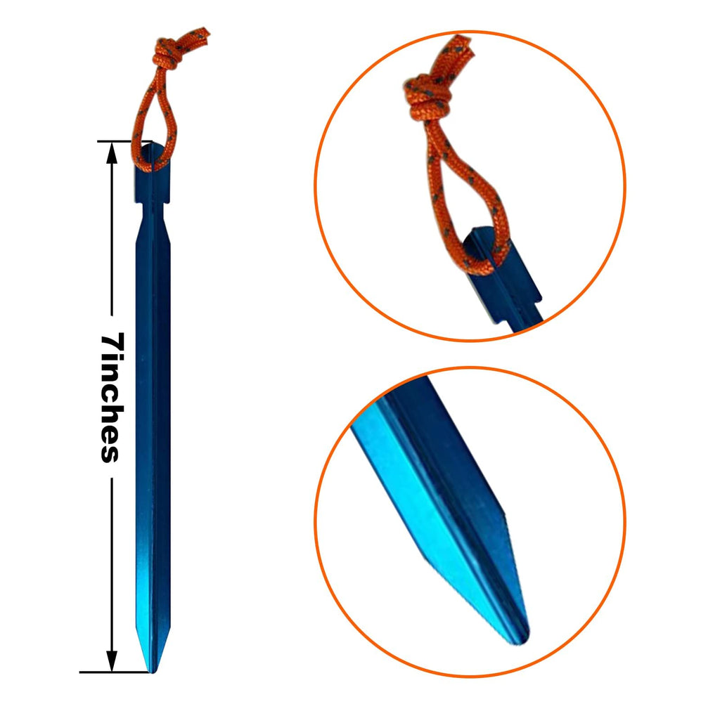 12 Pack Tent Stakes, 7075 Ground Metal Camping Aluminum Tent Pegs, Lightweight Stakes Heavy Duty Spikes Camping Accessories, Blu