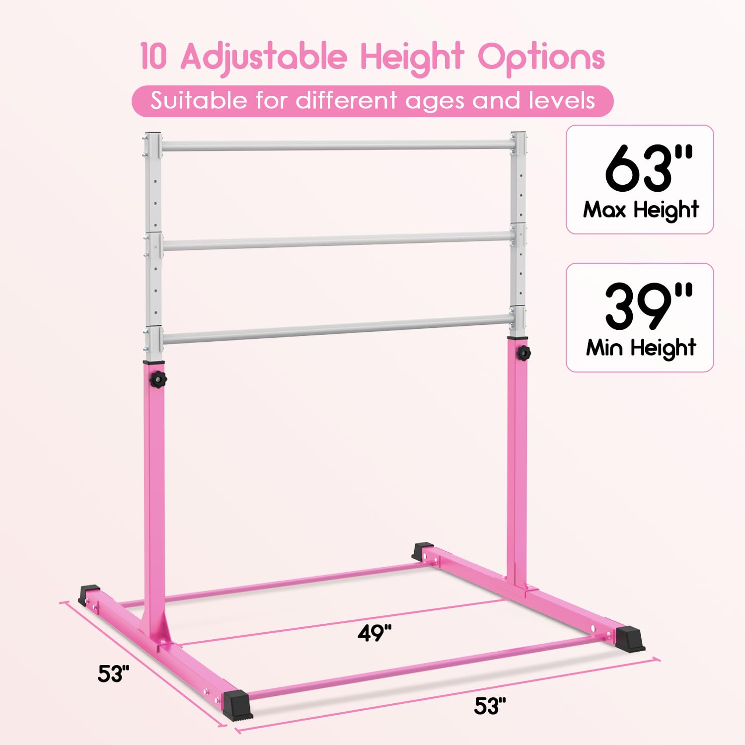 Safly Fun Gymnastics Bar For Kids Ages 3-15 For Home - Steady Steel Construction, Anti-Slip, Easy To Assemble, 3' To 5' Adjustab