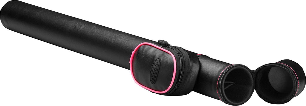 Casemaster Q-Vault Supreme Billiard/Pool Cue Hard Case, Holds 1 Complete 2-Piece Cue (1 Butt/1 Shaft), Black With Pink Trim