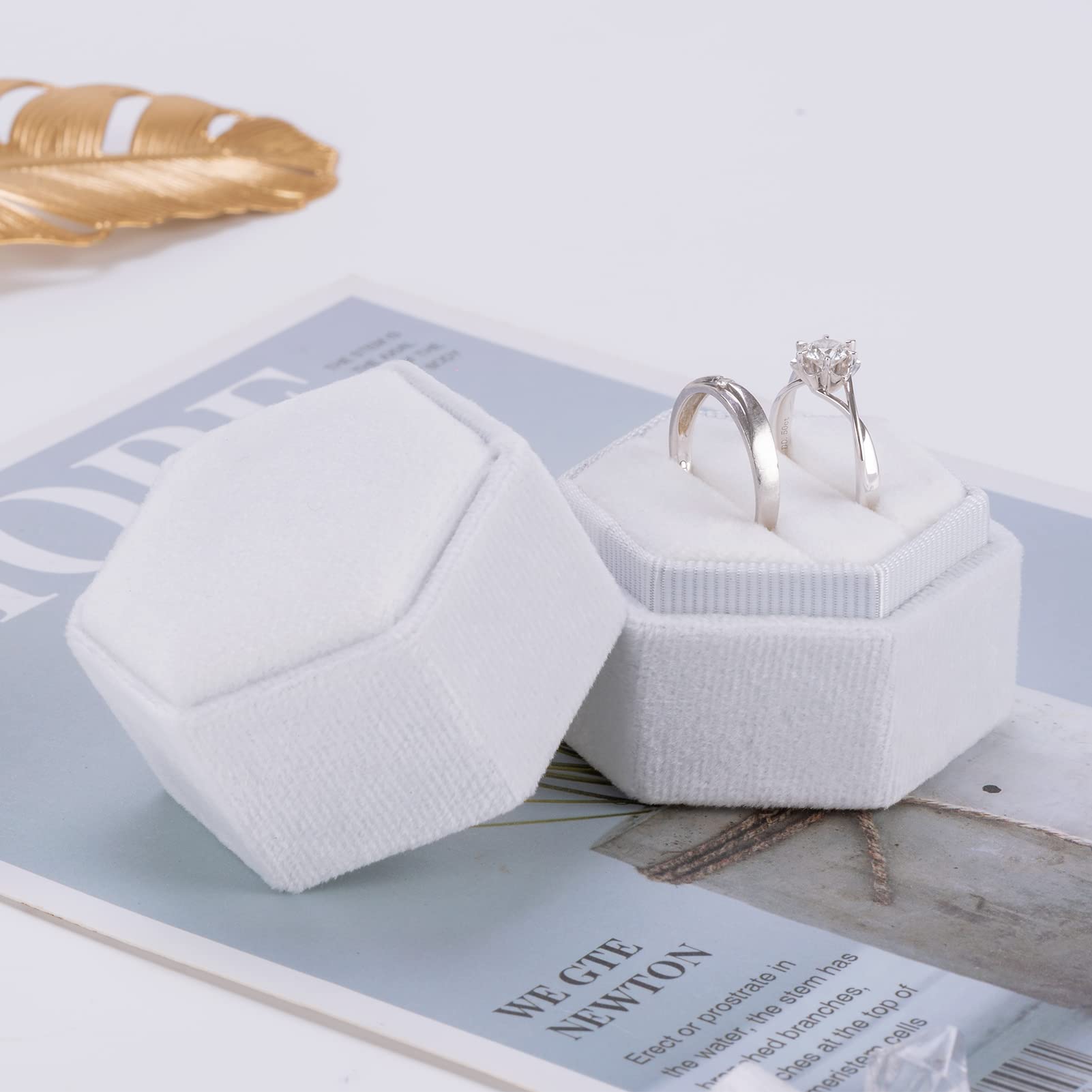 Smileshe Ring Box, Velvet Jewelry Boxes For Proposal Engagement Wedding Ceremony, Hexagon Mini Double Ring Slot Bearer Case With