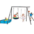 4-In-1 Heavy Duty Swing Set For Backyard - Large Metal Frame With Saucer Swings, Sandbox, Basketball Hoop & Single Swing Seat |