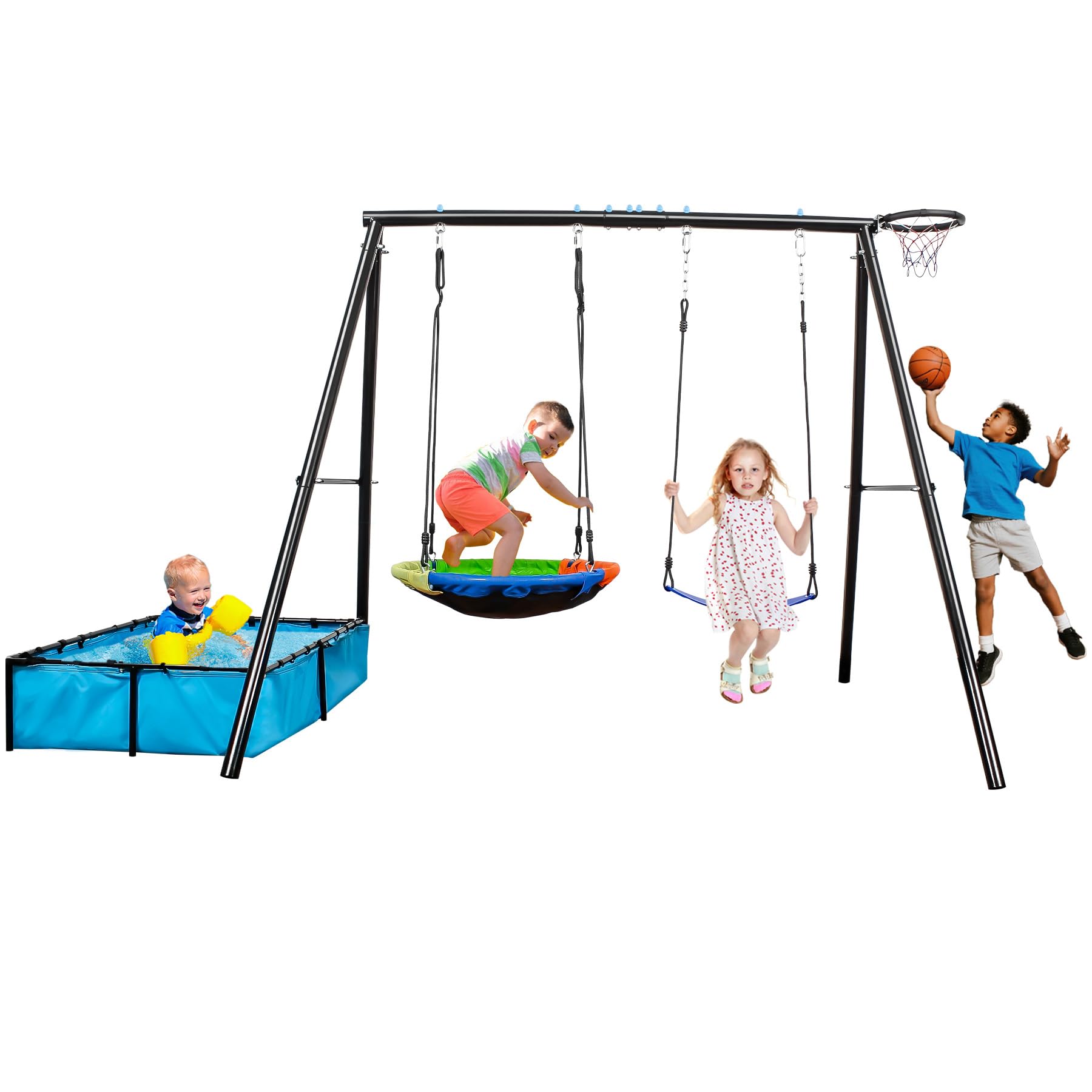 4-In-1 Heavy Duty Swing Set For Backyard - Large Metal Frame With Saucer Swings, Sandbox, Basketball Hoop & Single Swing Seat |