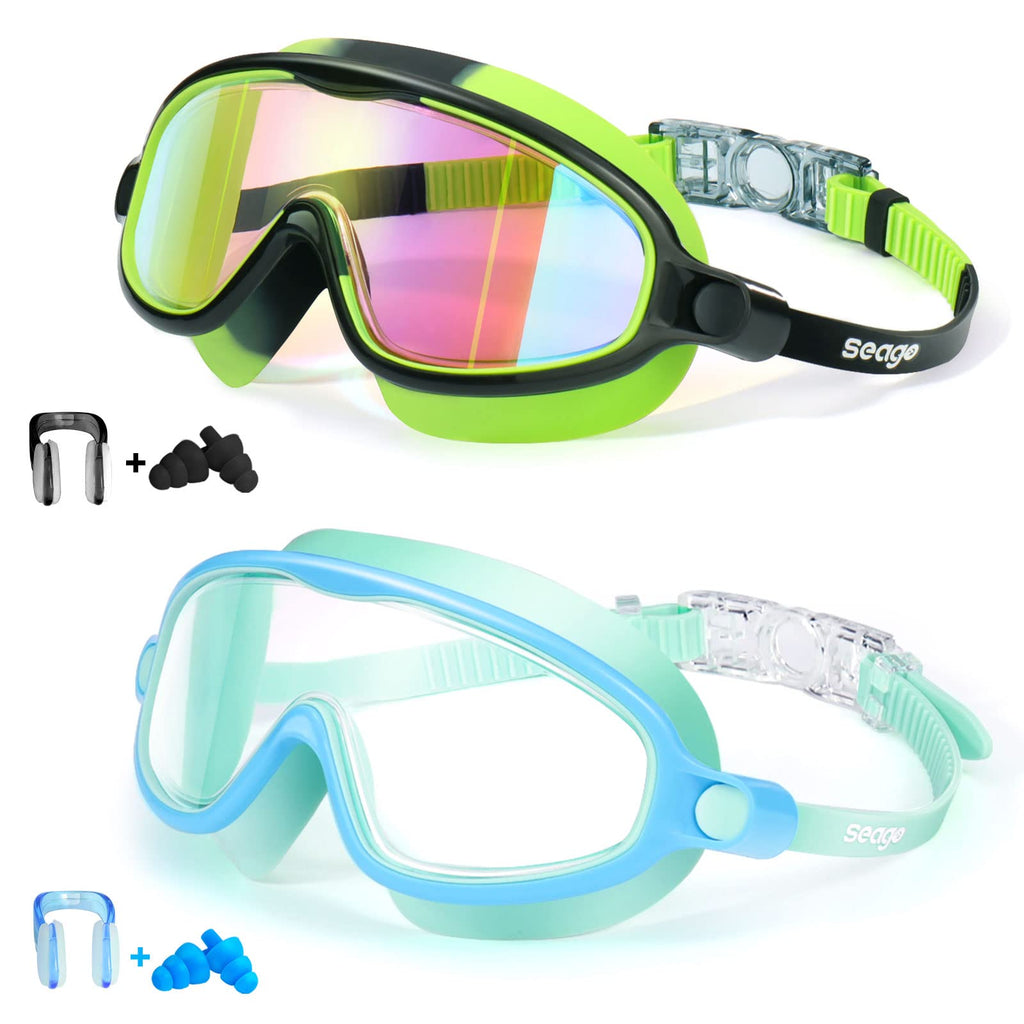 Seago Swim Goggles 2 Pack Anti-Fog Anti-Uv Wide View Uv Protection, Adjustable Swimming Goggles For Kids 3-15, Light Blue & Blac