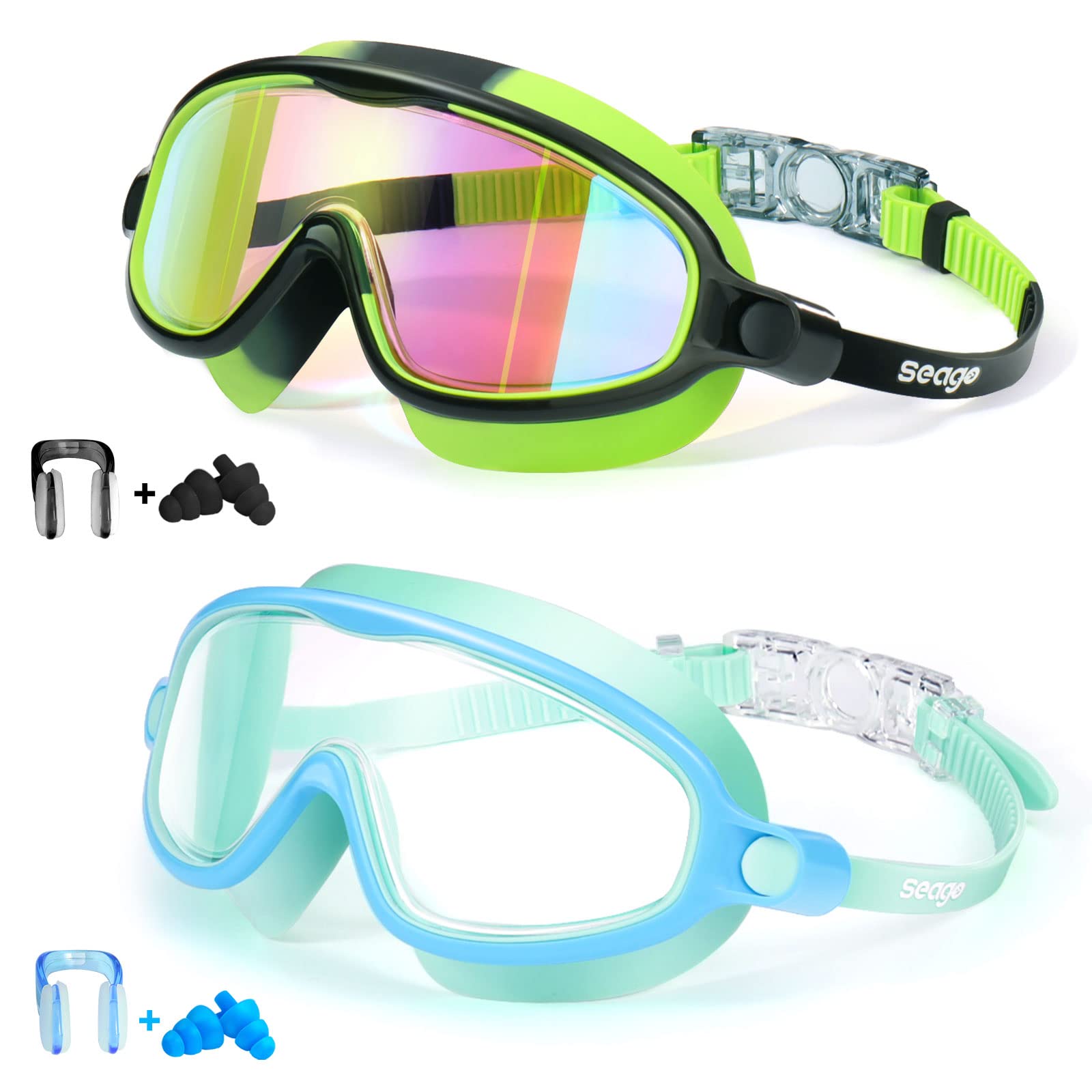 Seago Swim Goggles 2 Pack Anti-Fog Anti-Uv Wide View Uv Protection, Adjustable Swimming Goggles For Kids 3-15, Light Blue & Blac