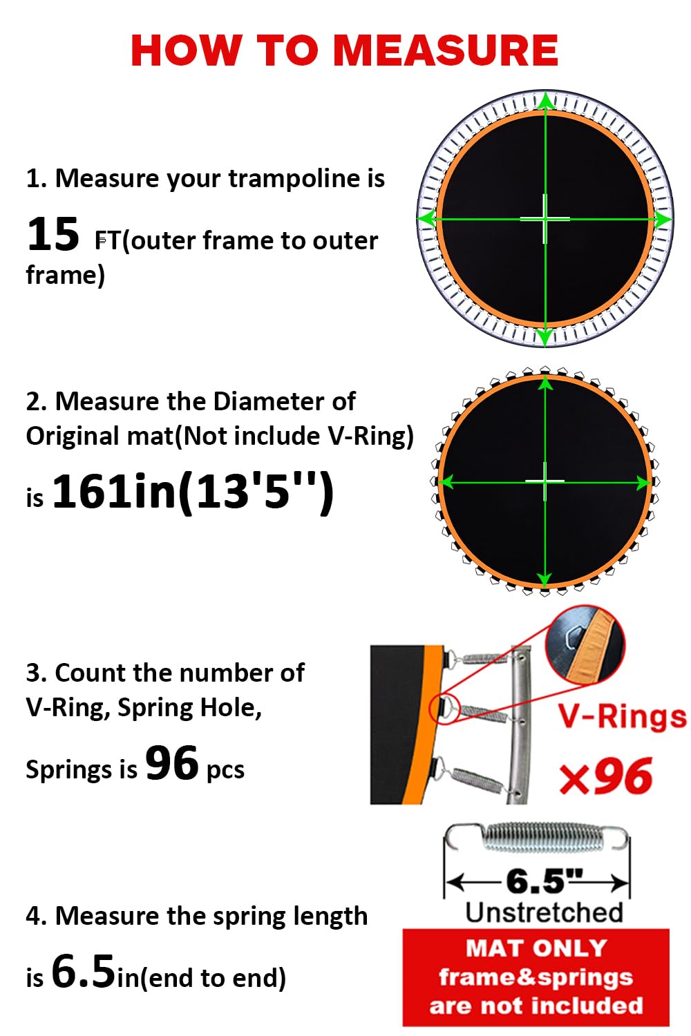 Jumptastic Trampoline Mat Replacement, Trampoline Mat(Mat Dia:161In) Fits 15 Ft Frame, With 96 V-Rings Fits 6.5 Inch, Reinforce,