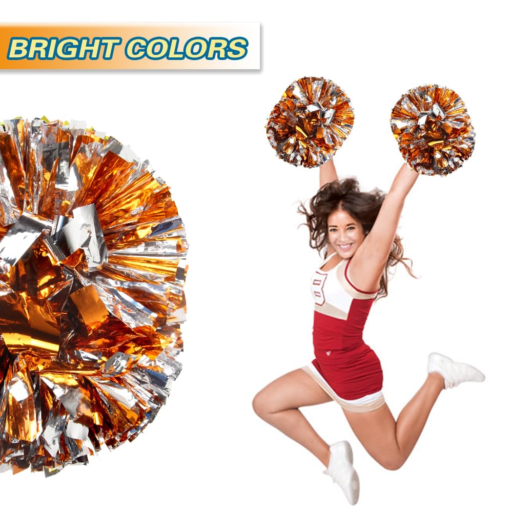 Lovecheer 2Pcs Orange And Silver Cheer Pom Poms Metallic Pom Poms Cheerleading With Handle For Sports Team Spirits Cheerleader D