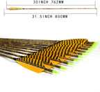 [6 Pack] Archery Sharly 31Inch Carbon Arrow Practice Hunting Arrows With 5 Camo Natural Feathers For Traditional Recurve Bow And