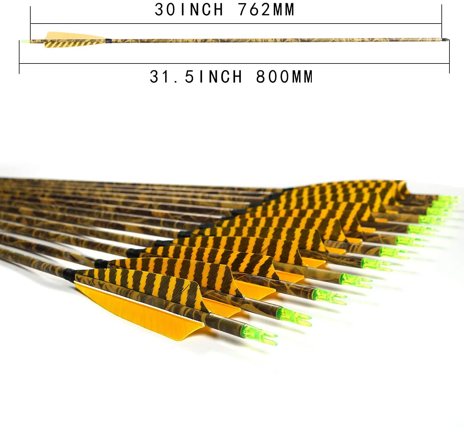 [6 Pack] Archery Sharly 31Inch Carbon Arrow Practice Hunting Arrows With 5 Camo Natural Feathers For Traditional Recurve Bow And