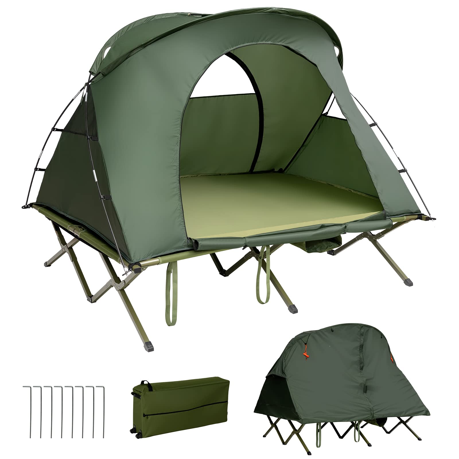 Tangkula 2-Person Tent Cot, 4-in-1 Folding with Waterproof Rainfly, Self-Inflating Mattress & Roller Carrying Bag, Portable Off 